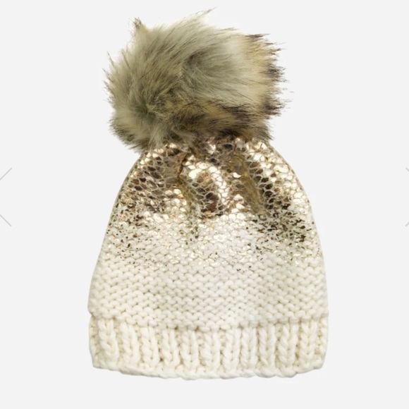 Anthropologie The Blueberry Hill Ivory Gold Metallic Fur Pom Kids Hat - Picture 2 of 10